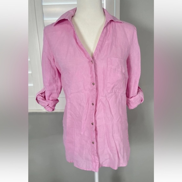 Zara Womens Small 100% Linen Pink Gold Long Sleeve Button Up Shirt Summer Beach - Picture 3 of 16